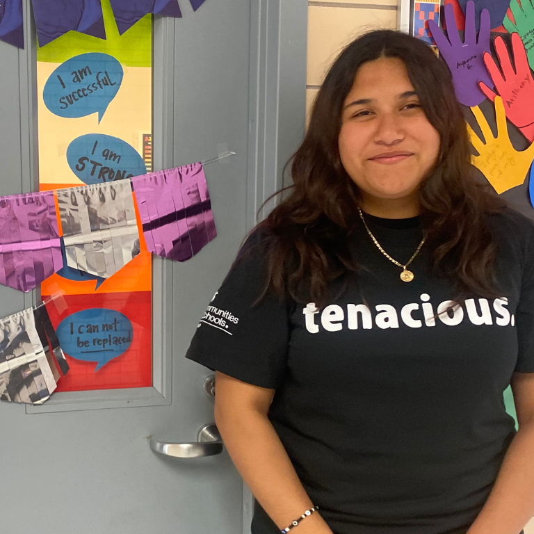 Mather student with "tenacious" T-shirt