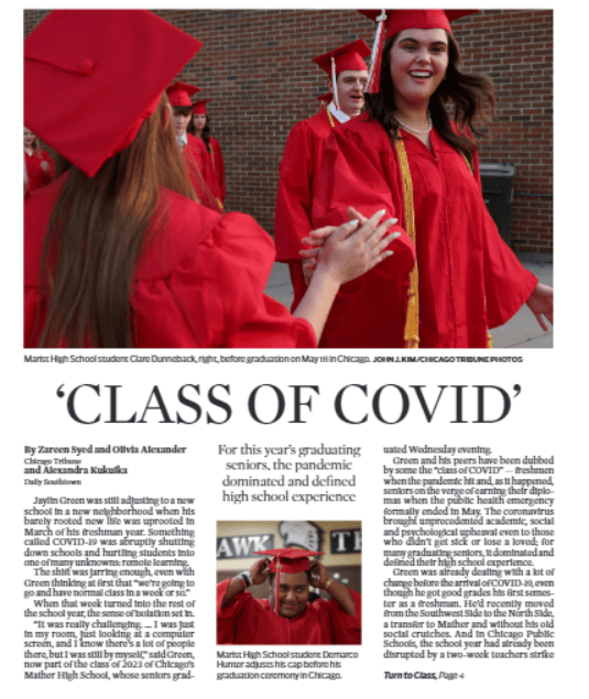 Front page of Chicago Tribune with Class of 2023 graduate